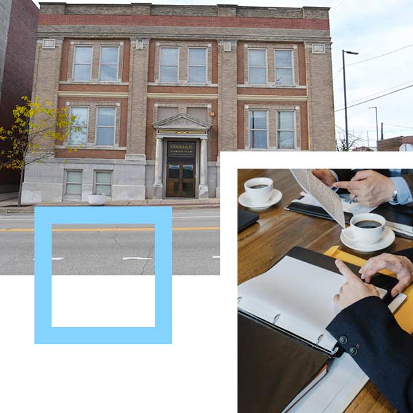 An image collage of Cedar Rapids IA and a person working at a computer
